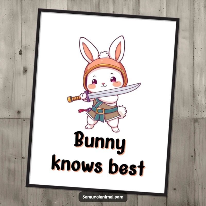 Funny poster featuring a fluffy bunny in a small helmet, wielding a noodle sword. Adorable warrior art.