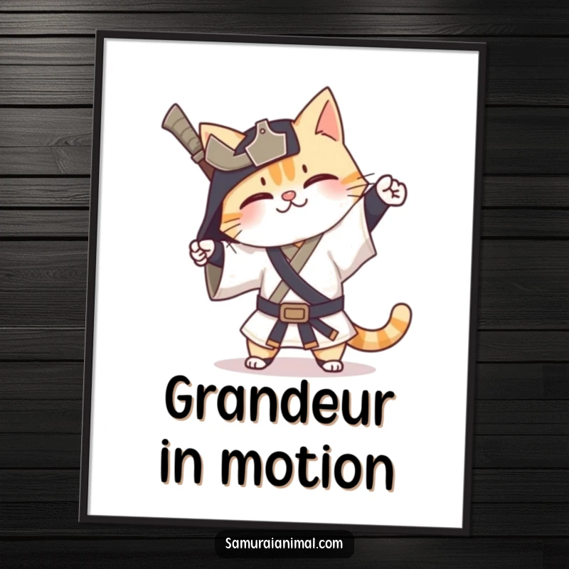 Funny Cat Samurai Poster depicting a very happy cat warrior performing a silly, exaggerated bow in samurai gear.