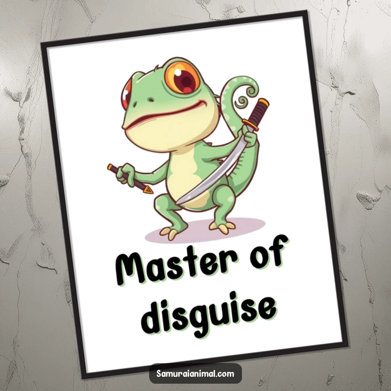 Funny Chameleon Sword Poster: A joyful chameleon swings a samurai sword, its tail curled, creating vibrant fantasy art.