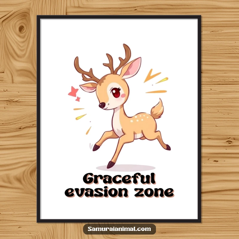 Funny deer poster showing a graceful deer smiling while dodging an imaginary attack, adding whimsical art to decor.