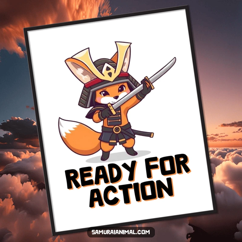 Funny fox character in a samurai helmet, playfully practicing sword swings, a dynamic and humorous poster.