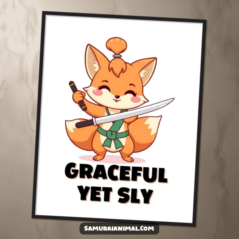 Funny fox poster artwork of a mischievous fox with a topknot, happily practicing a swift sword flourish with artistic flair.