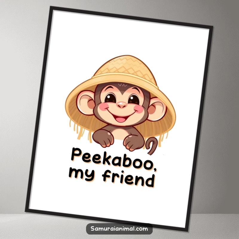 Funny poster showcasing a nimble monkey character with a wide grin peeking curiously from behind a straw hat, adding a touch of jungle fun.
