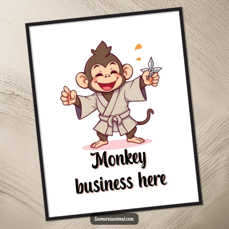 Funny monkey poster depicting a cheerful monkey in a samurai gi, joyfully throwing a shuriken.