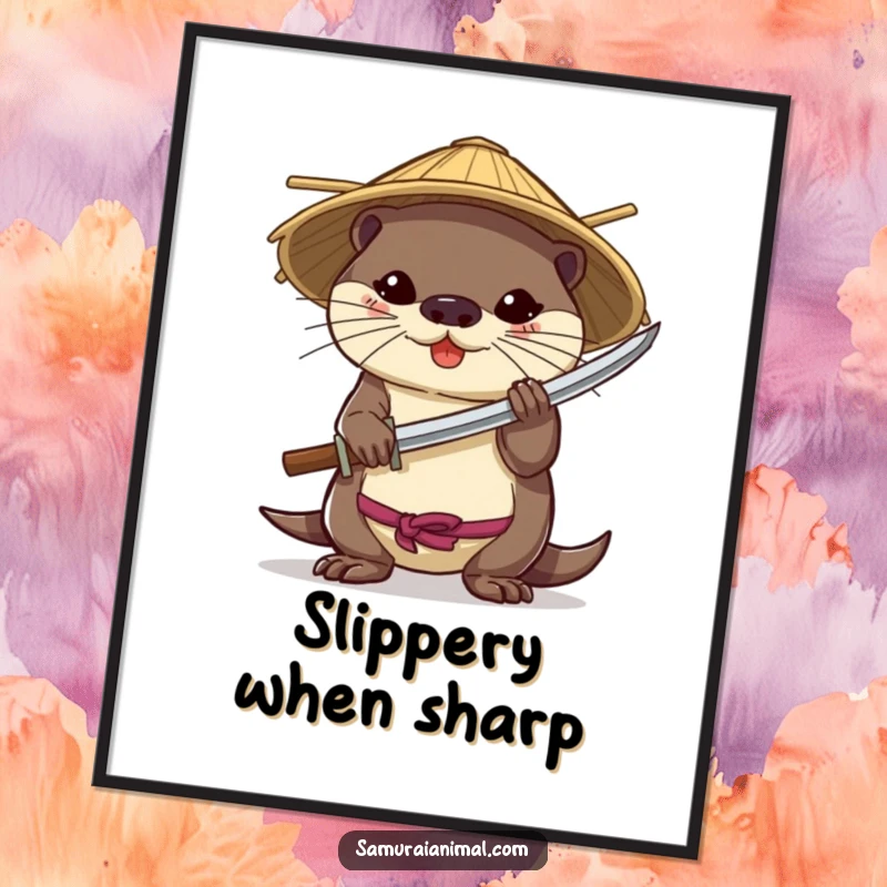 Funny poster print of a brave otter in a bamboo hat, skillfully holding a miniature katana with a determined look.