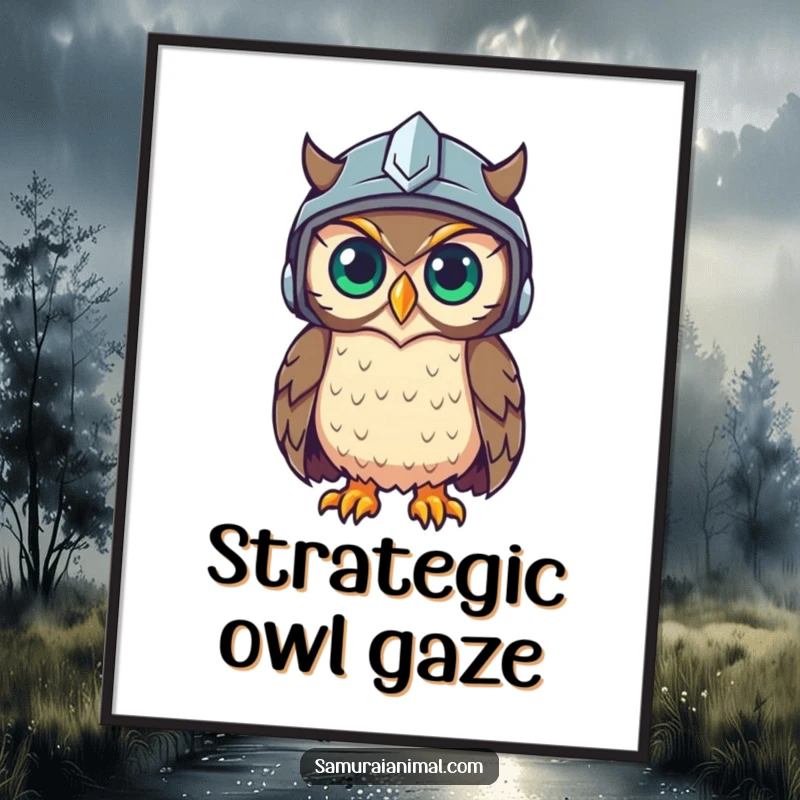 Funny poster featuring a wise owl in a helmet, its eyes gleaming with intelligence, observing the world with quiet amusement.