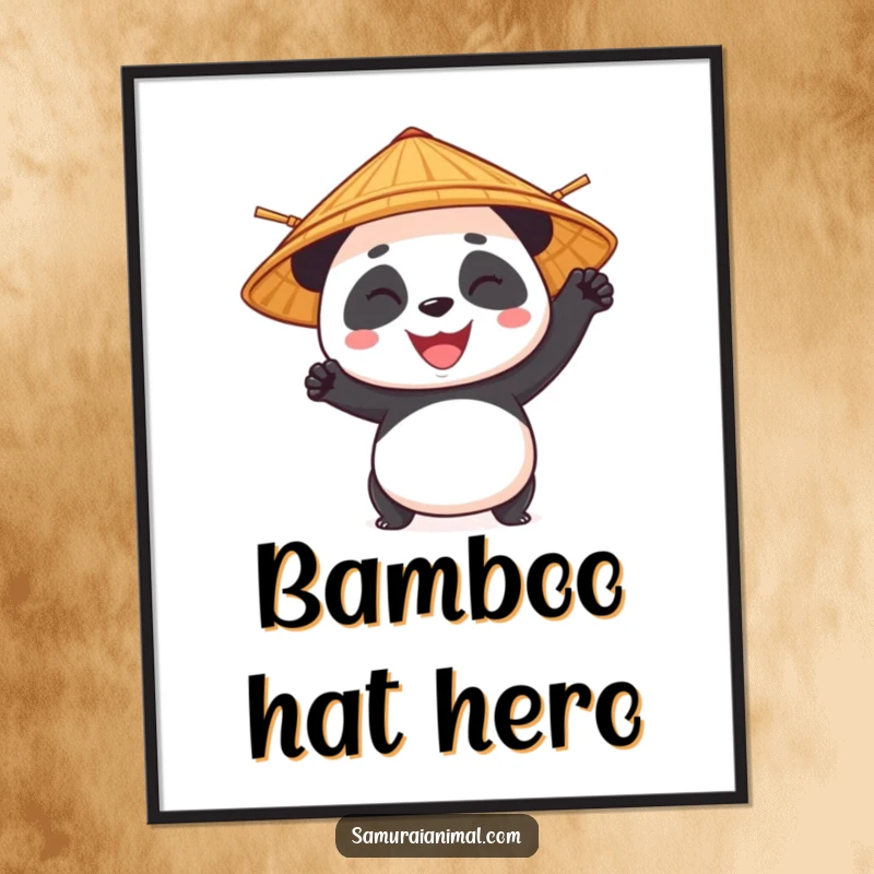 Funny panda with a bamboo hat striking a heroic pose, a powerful and humorous martial arts poster.