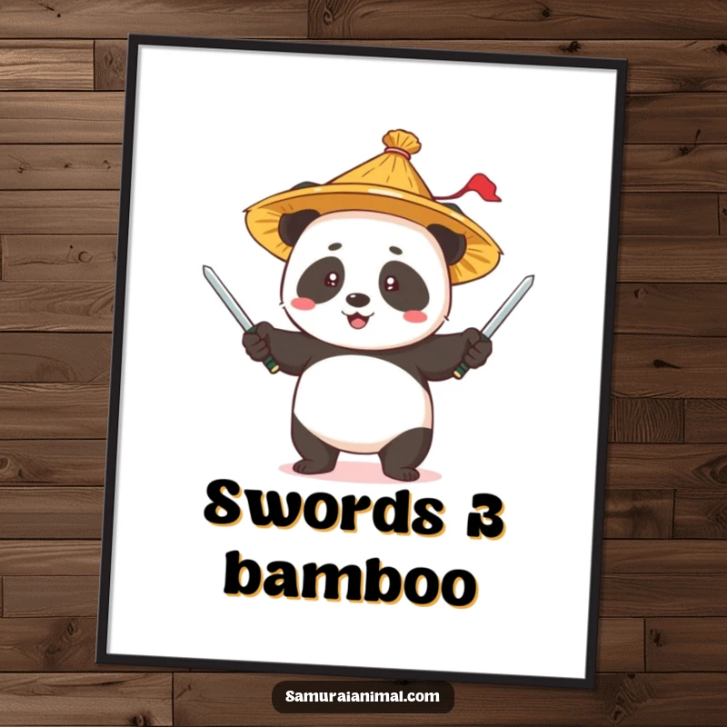 Funny Panda Juggling Poster: A happy panda in a straw hat demonstrating impressive juggling skills with tiny swords.