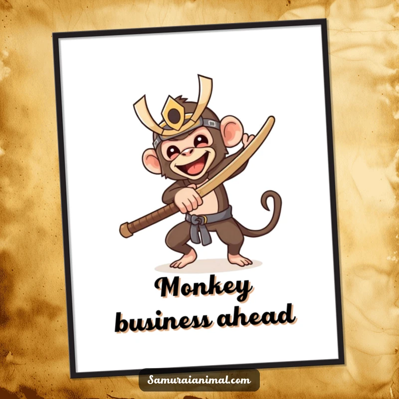 Funny poster art of a happy monkey wearing a samurai mask, joyfully brandishing a wooden sword, bringing energetic humor to any room.