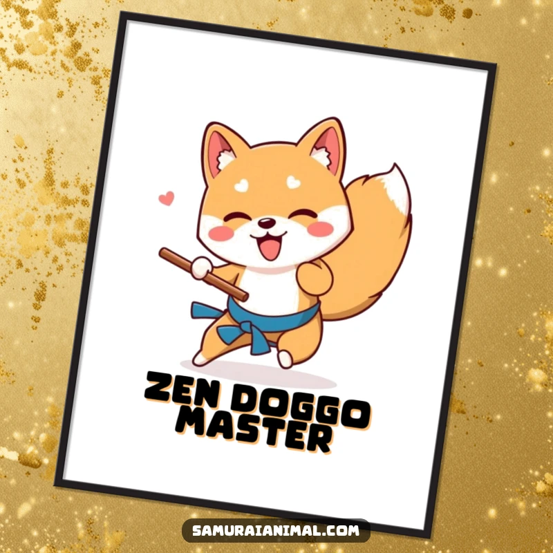 Funny Shiba Inu poster showing a playful dog executing a low sweep with a wooden stick, perfect for whimsical wall decor.