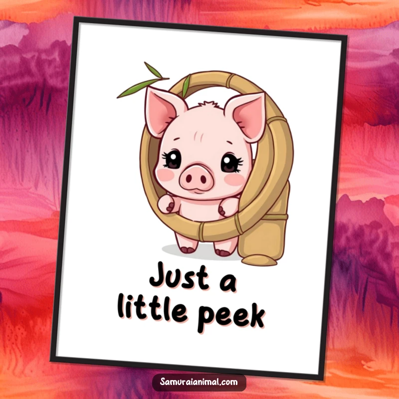 Funny poster of a shy piglet adorably peeking from behind a bamboo shield, perfect for adding a cute vibe.