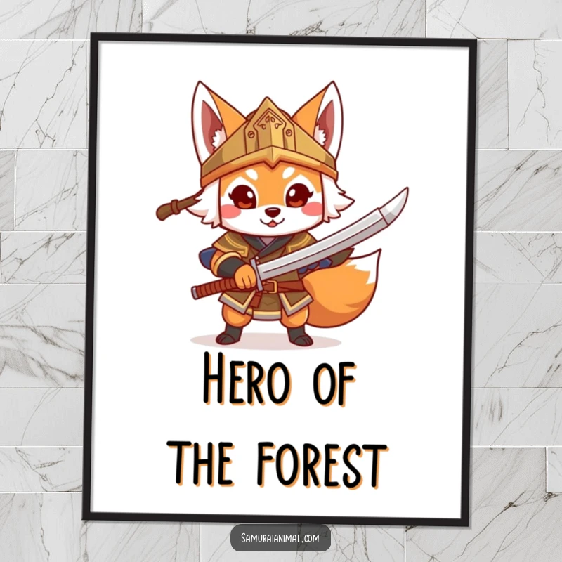 Funny Fox Warrior Poster, a cheerful fox in a helmet brandishes a toy sword, heroic wall art.