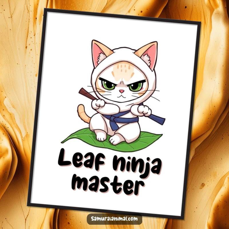 Funny cat character in a ninja pose, determinedly rolling on a leaf, a dynamic and humorous poster.