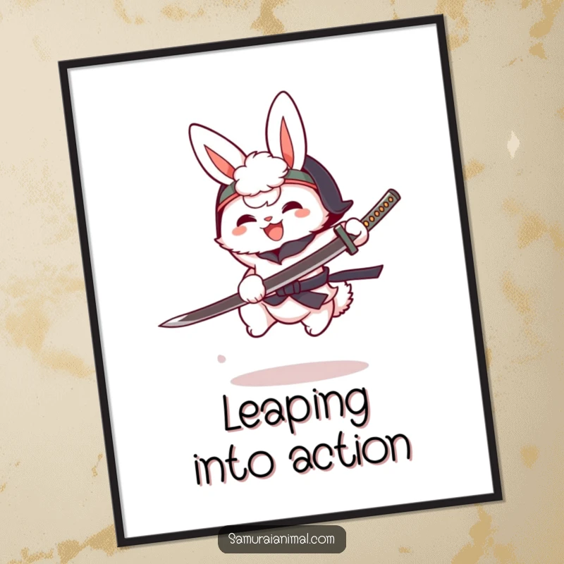 Funny fluffy bunny in a tiny helmet, cartoon katana mid-leap, joyful warrior, anime art poster, vibrant decor.