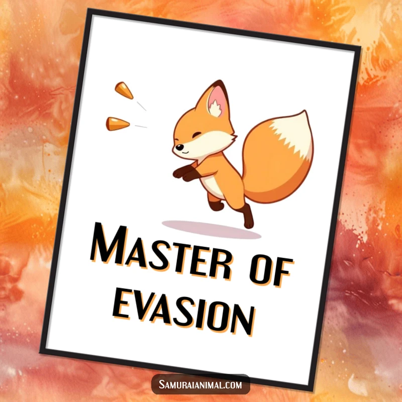 Funny poster showing a tiny fox in a dynamic, swift dodge from an imaginary, oversized threat, capturing a moment of hilarious action.