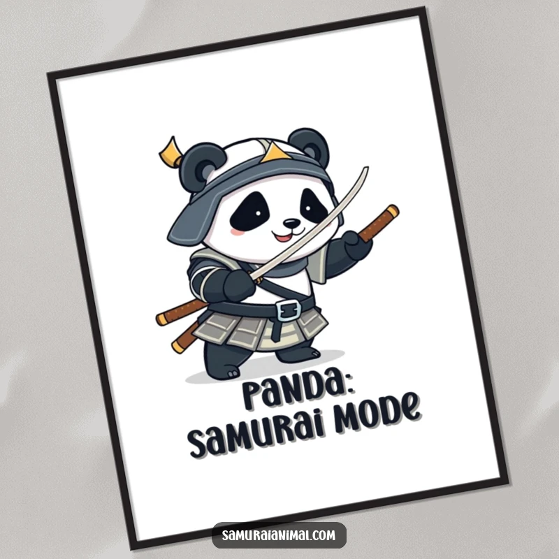 Funny Poster illustrating a plump panda in samurai armor humorously spinning a bamboo sword, adding character to your walls.