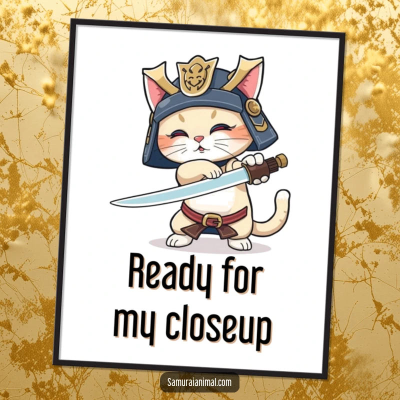 Funny Samurai Cat Poster: Dynamic art of a determined cat samurai in helmet, executing a sword trick with tail wagging wildly.
