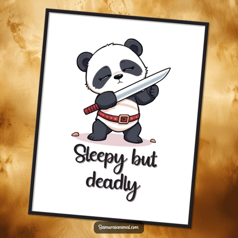 Funny Poster featuring a sleepy panda in a hilariously awkward sword-fighting pose, perfect for adding charming and humorous art.