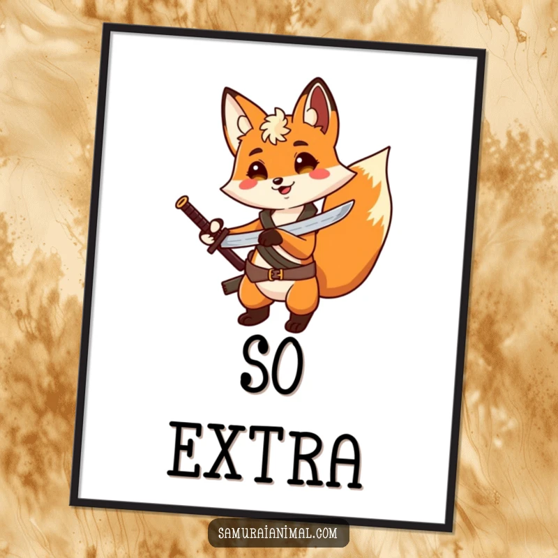 Funny Fox Hero Poster: A vibrant poster of a cheerful fox with a tiny sword on its back, striking a dramatic, heroic pose.