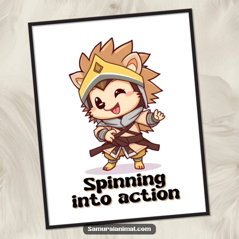 Funny warrior hedgehog poster illustrating a happy, armored hedgehog mid-playful spin, adding dynamic humor and warrior flair to decor.