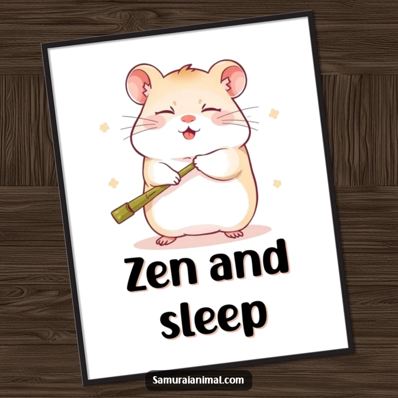 Funny poster of a sleepy hamster playfully swinging a tiny bamboo staff, embodying the spirit of kung fu with a happy face.