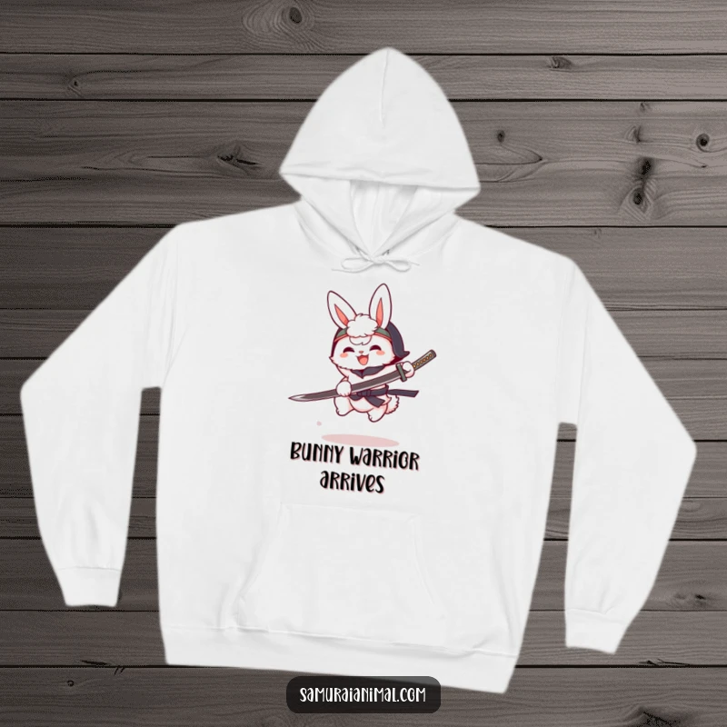 Funny fluffy bunny in a tiny helmet, cartoon katana, mid-leap, cozy anime warrior hoodie, soft apparel.