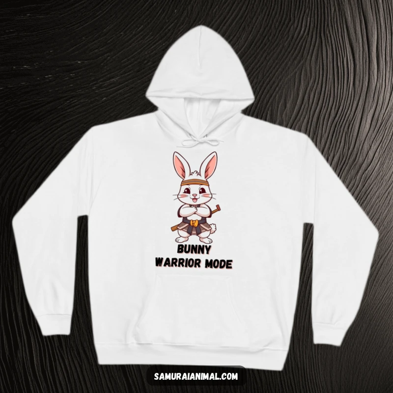 Funny Hoodie featuring a cheerful rabbit in a strong samurai stance, paws crossed, ready to face any challenge with a smile.