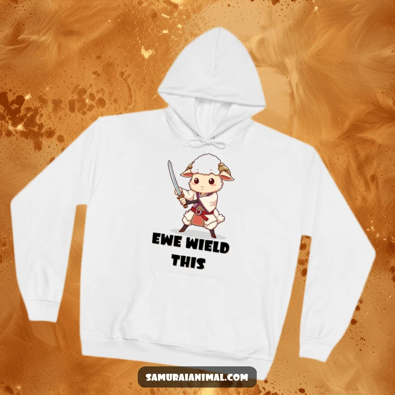 Funny hoodie showcasing a dignified sheep performing a dramatic sword flourish, perfect for cozy, humorous moments.