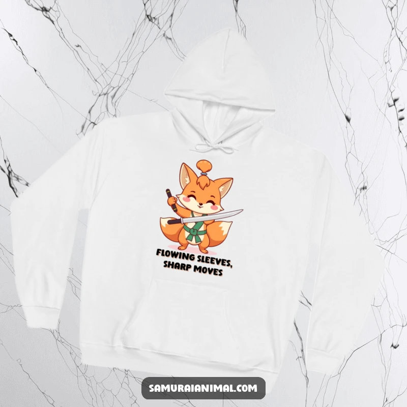 Funny fox hoodie featuring a happy, mischievous fox with a topknot, practicing a swift sword flourish with playful energy.