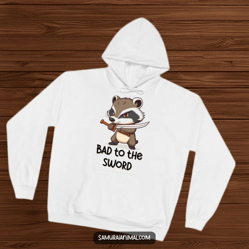 Funny badger hoodie showing a determined badger wielding a tiny wooden sword with confidence, ready for action.