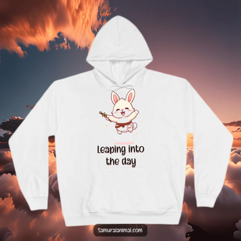 Funny and fluffy bunny in a heroic mid-air leap with a tiny sword, designed for a cozy and humorous hoodie.