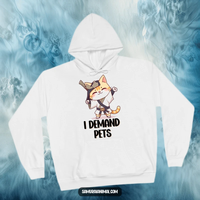 Funny Cat Samurai Hoodie showing a happy cat warrior in samurai attire performing a silly, exaggerated bow.