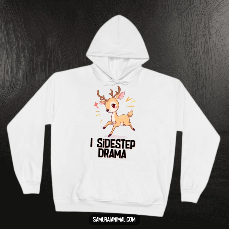 Funny deer hoodie showing a graceful deer smiling and dodging playfully, offering cozy warmth and whimsical charm.
