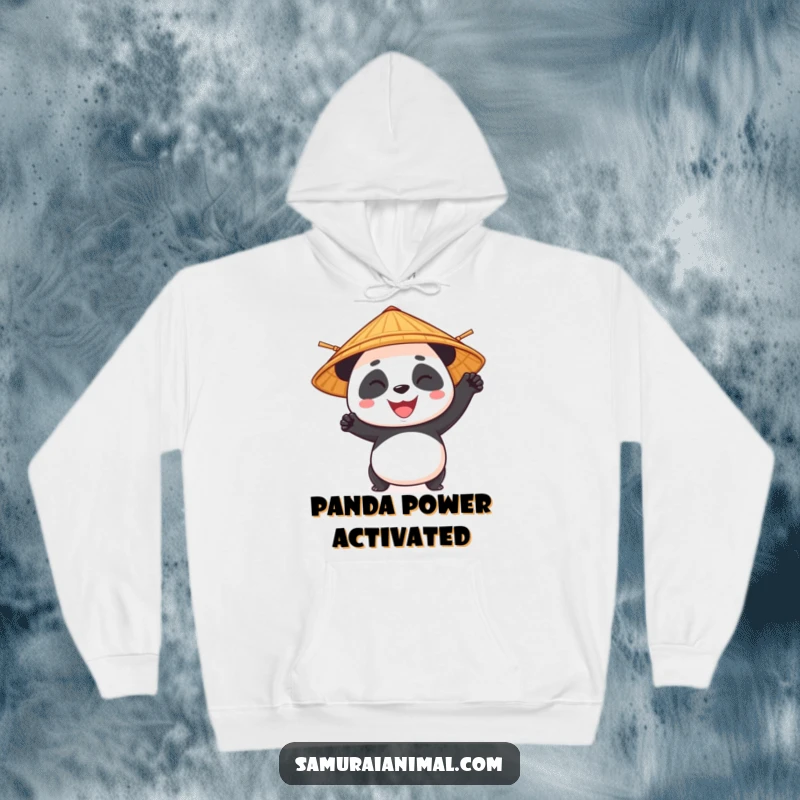 Funny panda character with a bamboo hat in a heroic pose, designed for a cozy and humorous hoodie.