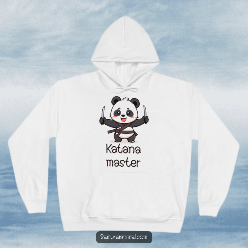 Funny Hoodie featuring a cheerful panda with a wide grin, juggling three tiny katanas with impressive coordination.