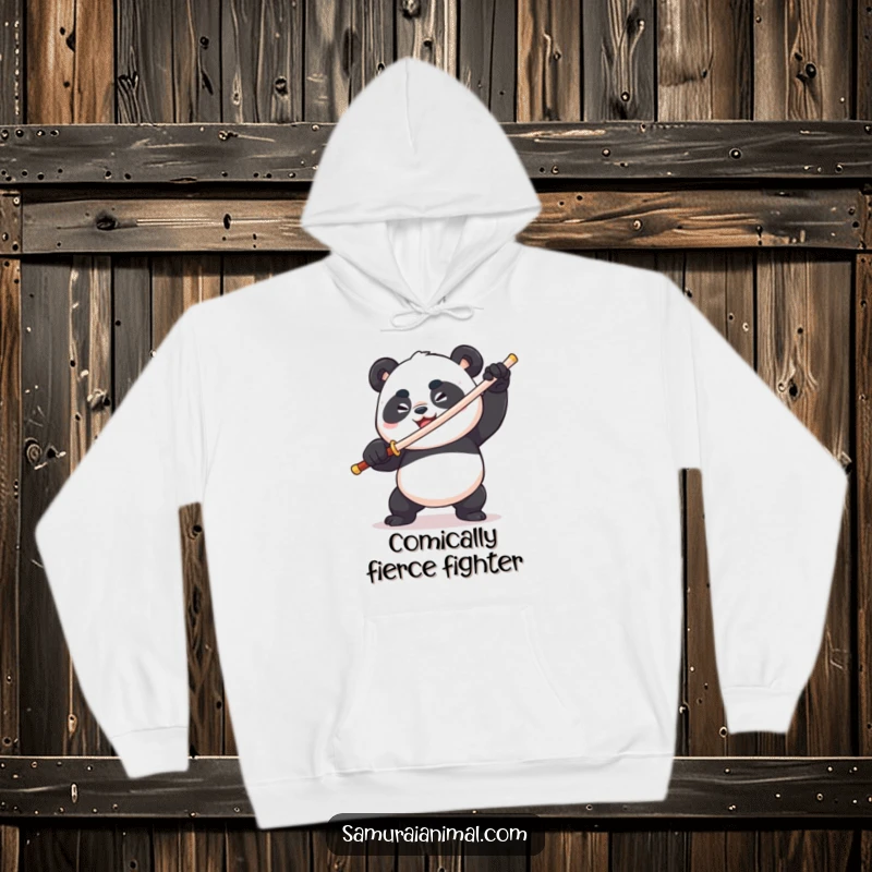 Funny plump panda wielding a toothpick sword, fierce & comical, determined grin, cozy animal warrior hoodie.