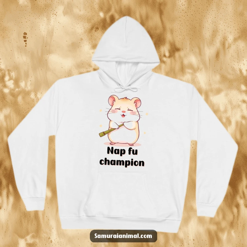 Funny hoodie displaying a sleepy hamster in a playful martial arts pose, wielding a tiny bamboo staff with a happy face.