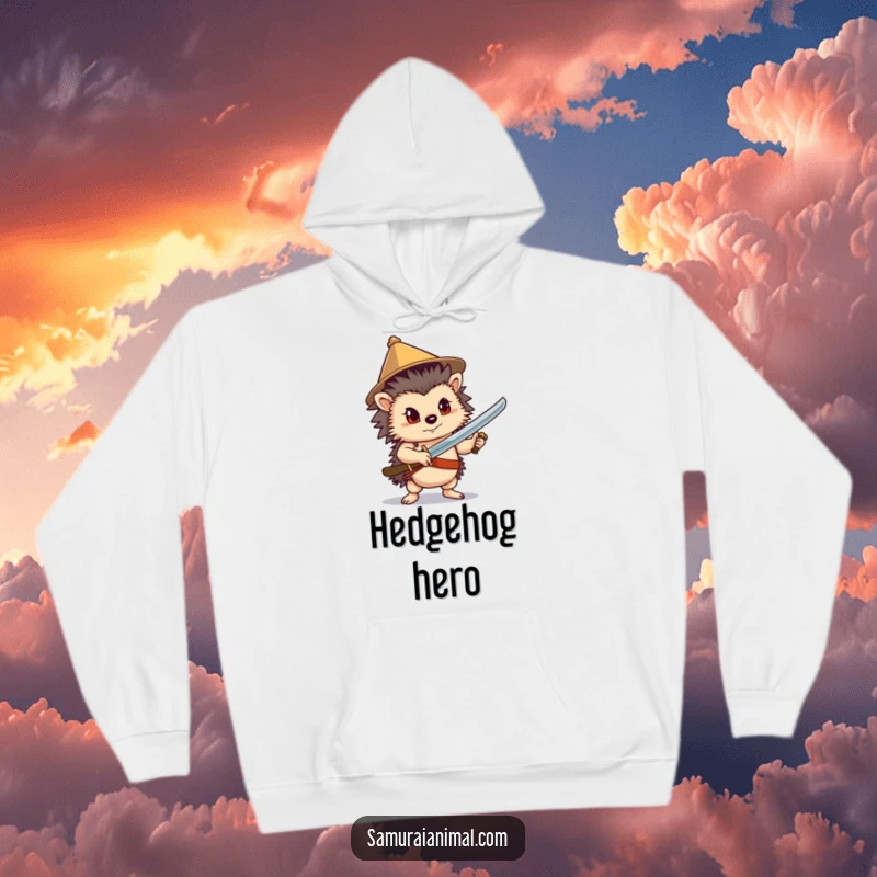 Funny Hedgehog Sword Hoodie: A confident hedgehog wearing a conical hat strikes a pose with a sword, ready for cozy quests.