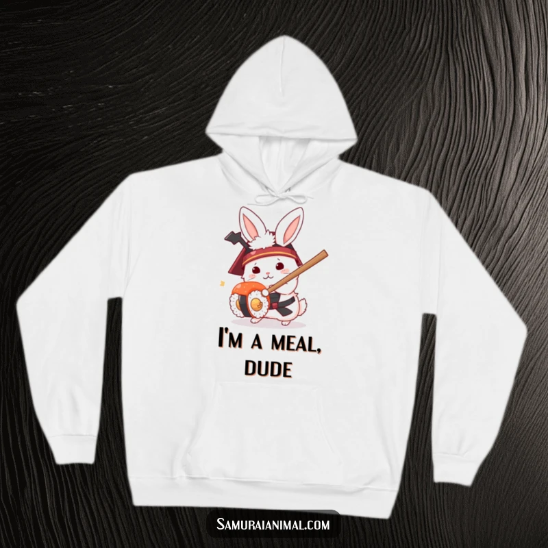 Funny hoodie displaying a determined rabbit warrior in a samurai helmet, parrying a sushi roll with a miniature sword.