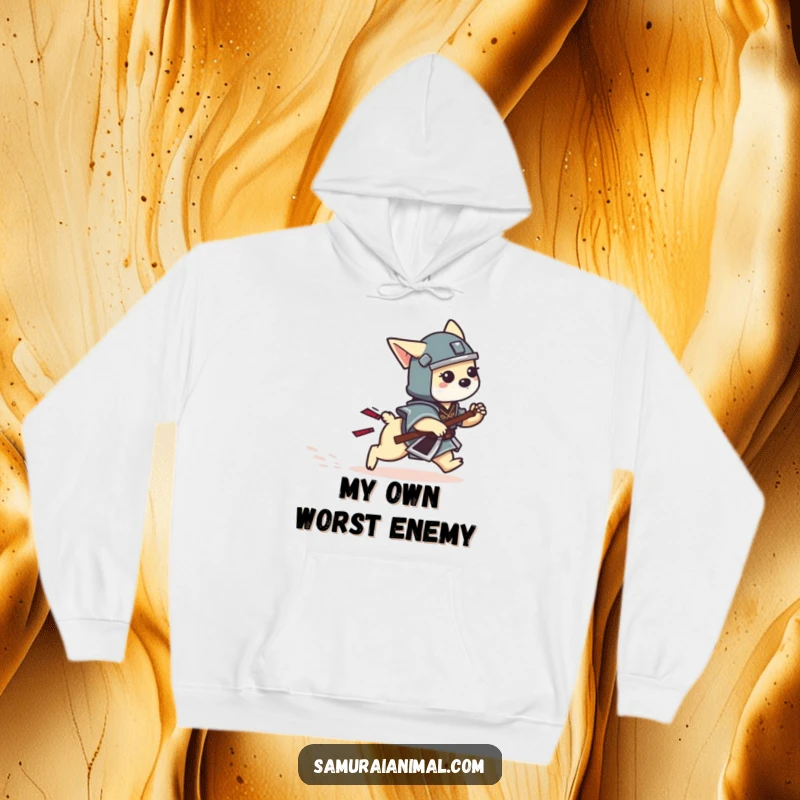 Funny Dog Samurai Hoodie showing a tiny dog warrior in samurai gear chasing its wagging tail playfully.