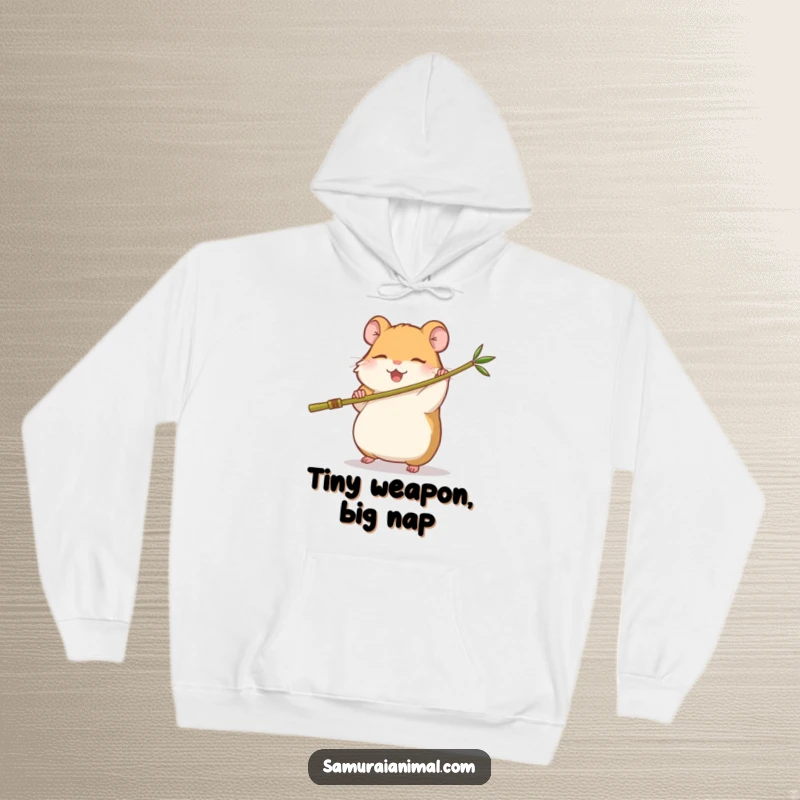 Funny hoodie with a sleepy hamster energetically swinging a tiny bamboo staff, showcasing playful martial arts skills and a joyful expression.