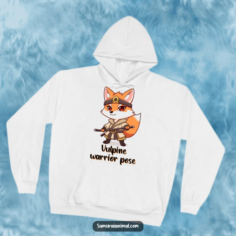 Funny Fox Samurai Hoodie: A warm hoodie featuring a determined fox in a samurai outfit striking a classic pose.