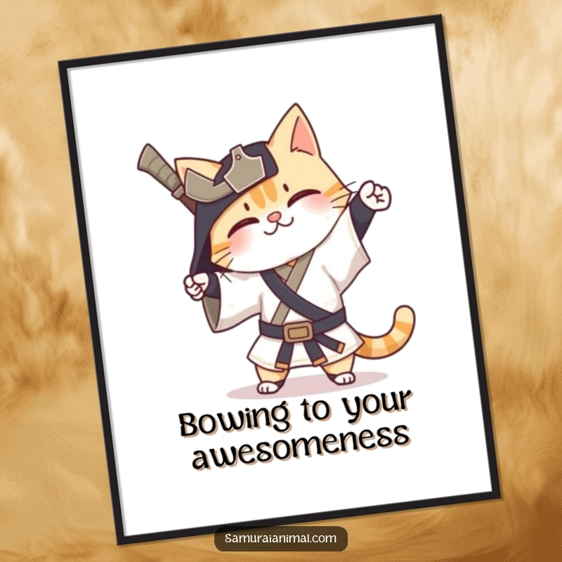 Funny free printable wall art of a very happy cat samurai performing an exaggerated, silly bow with grace.