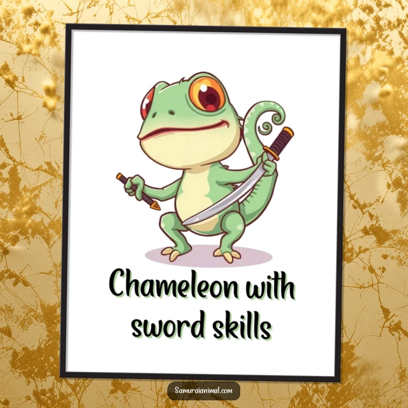Funny Free Printable Wall Art: A joyful chameleon, tail curled, playfully swings a small samurai sword with a cheerful expression.