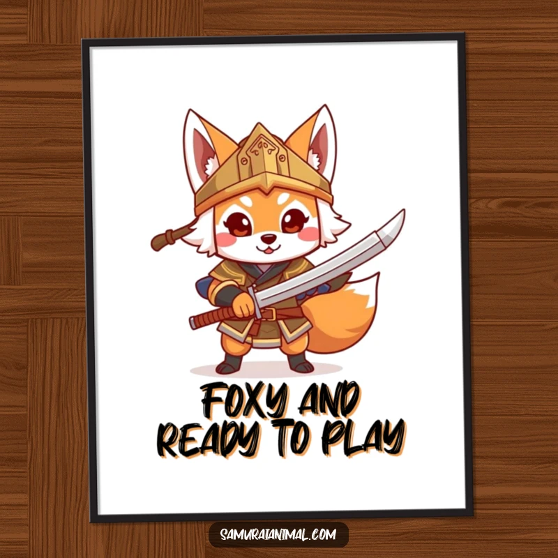 Funny Free Printable Fox Warrior Wall Art: Cheerful fox warrior in helmet brandishes toy sword, brave decor.