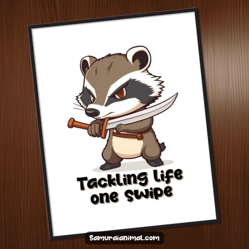 Funny Free Printable Wall Art: A badger with a determined squint confidently wielding a tiny wooden sword.