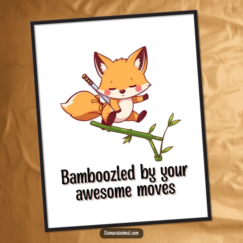 Funny Free Printable Fox Ninja Art, a mischievous fox holding a tiny sword is captured mid-leap over a bamboo shoot.