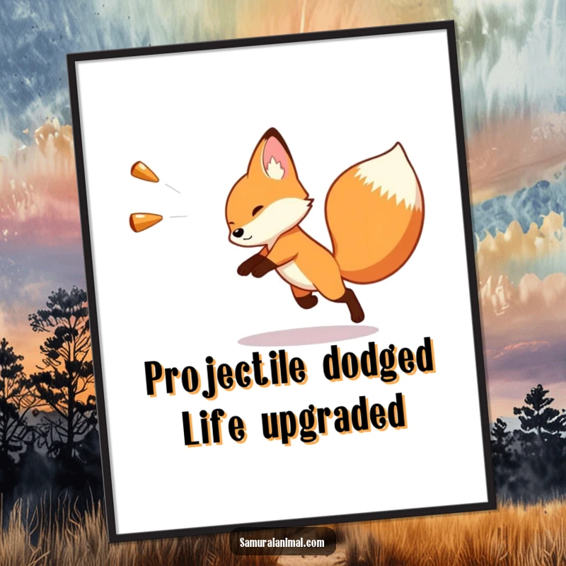 Funny Free Printable Wall Art: Tiny fox artfully dodging a massive imaginary projectile with hilarious speed and precision.