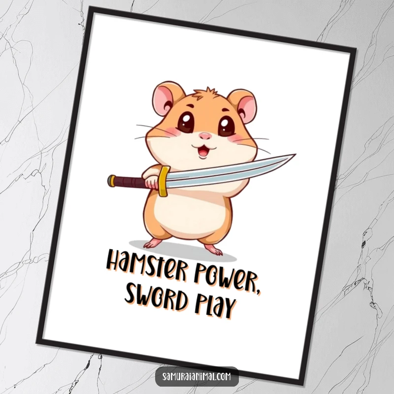 Funny Free Printable Hamster Wall Art: Curious hamster attempting a spinning sword attack, downloadable action art.