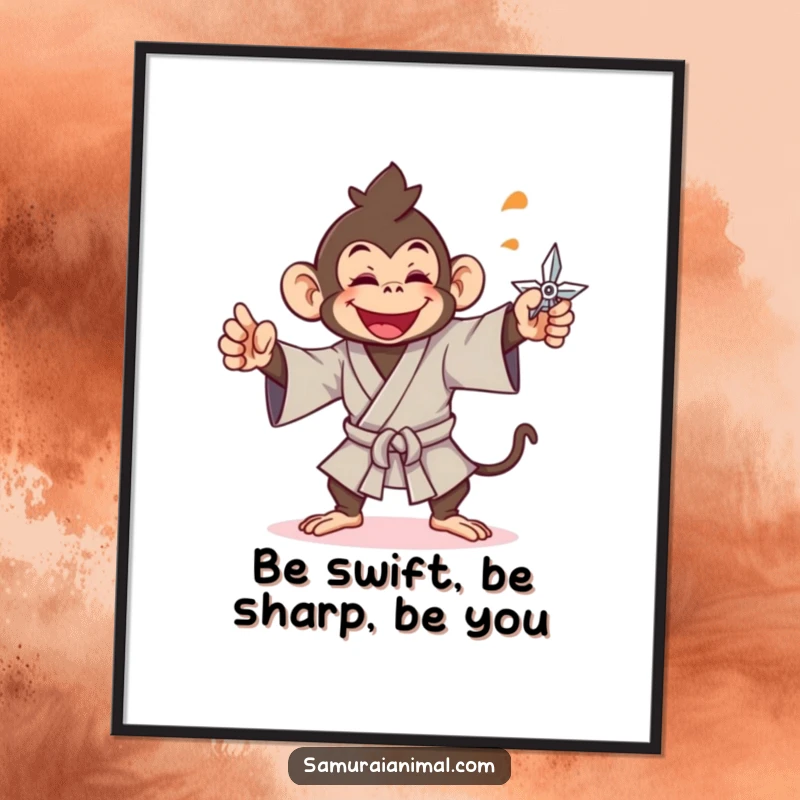 Funny Free Printable Wall Art: A cheerful monkey in a samurai gi gleefully throwing a shuriken.
